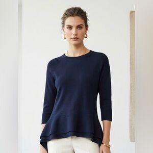 Max Mara Weekend Layered Peplum Knit 3/4 Sleeve Linen Blend Navy Top Size XL